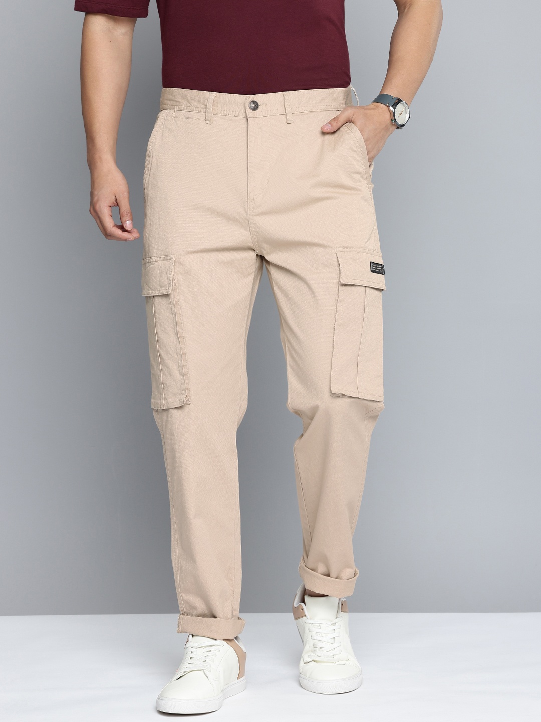 

Flying Machine Men Slim Fit Cargos Trousers, Beige