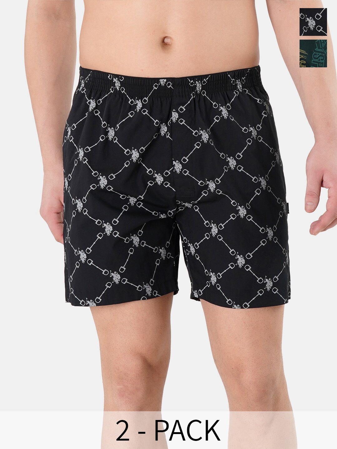 

U.S. Polo Assn. Men Pack Of 2 Conversational Printed Cotton Boxers 22596652-1-22596640, Black