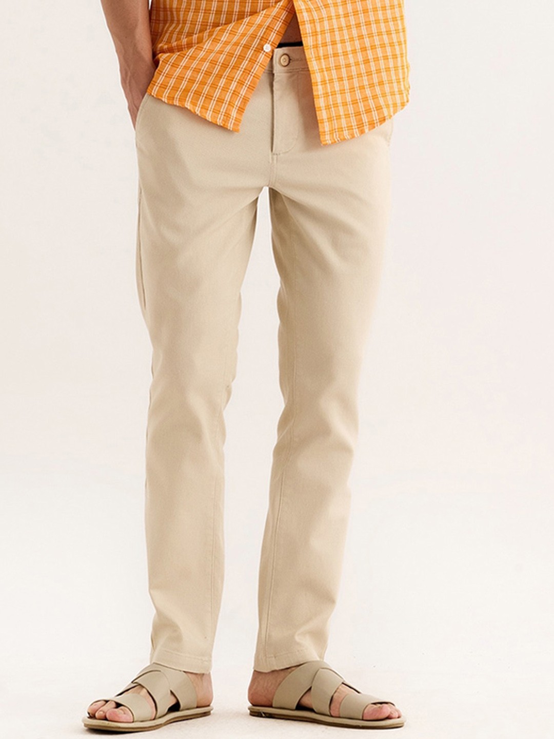

Red Flame Men Mid-Rise Cotton Slim Fit Trousers, Cream