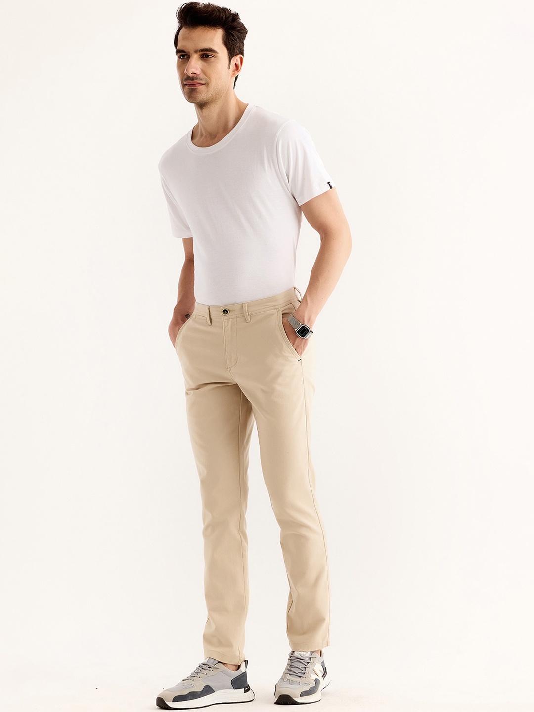 

Red Flame Men Mid-Rise Cotton Slim Fit Trousers, Cream