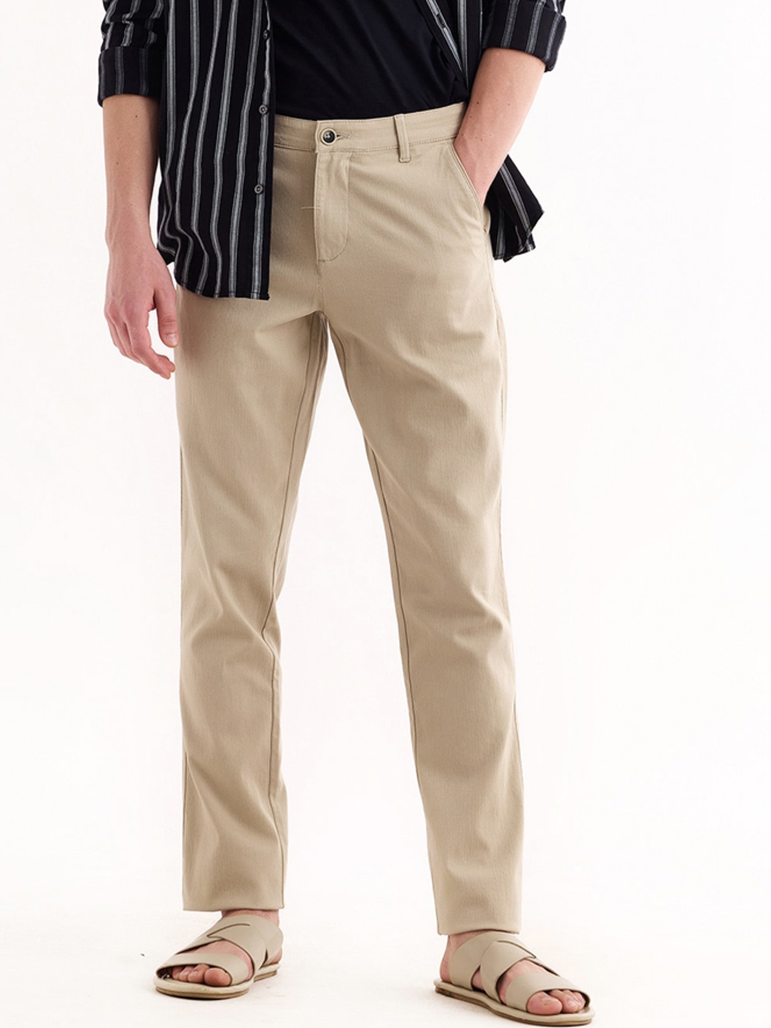 

Red Flame Men Mid-Rise Cotton Slim Fit Trousers, Cream