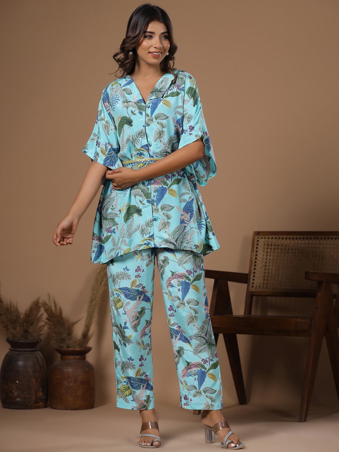 

RangDeep Printed Shirt Collar Top & Flared Trouser Co-Ords, Blue
