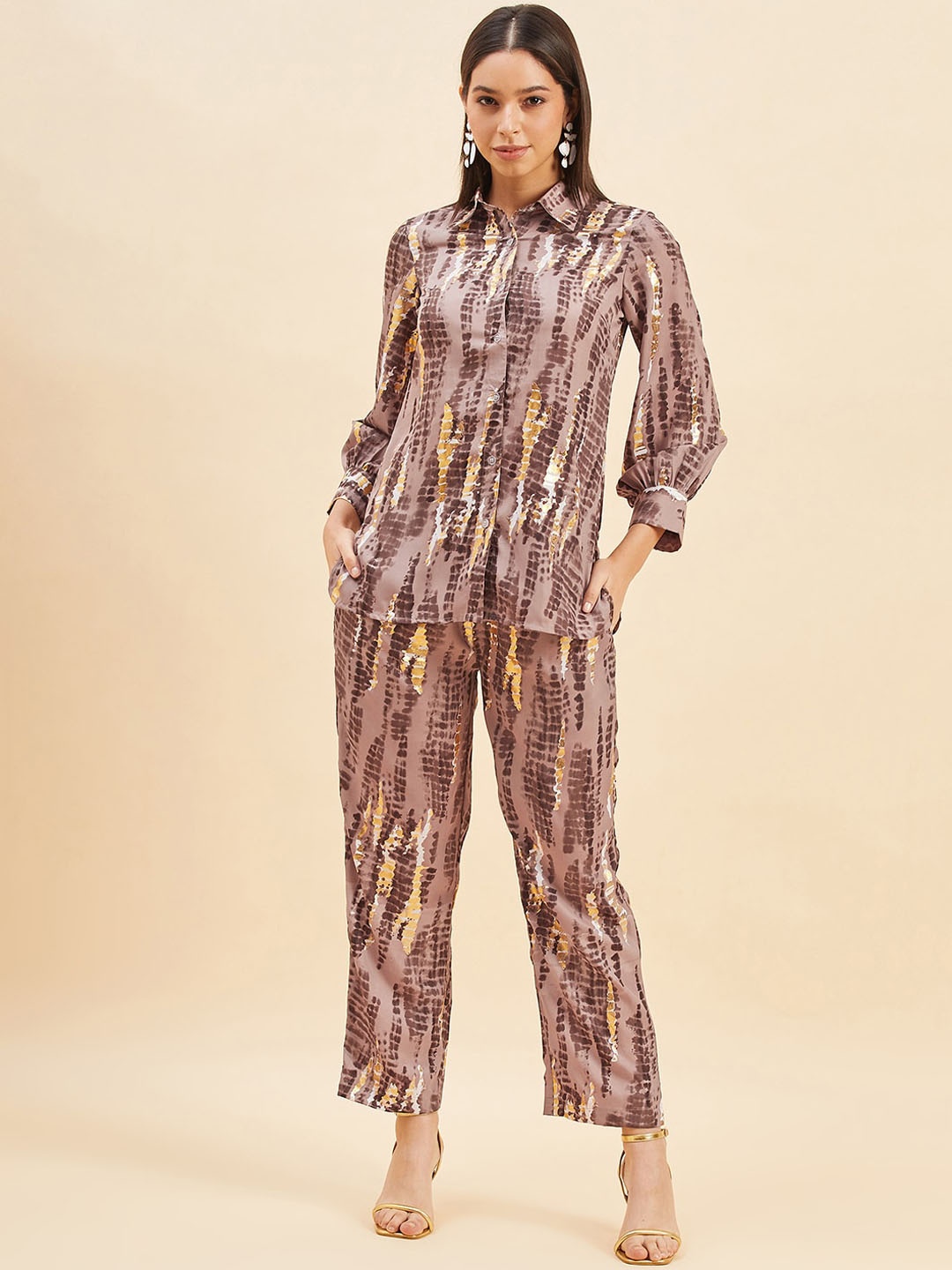 

PANIT Printed Shirt Collar Shirt With Trouser, Coffee brown