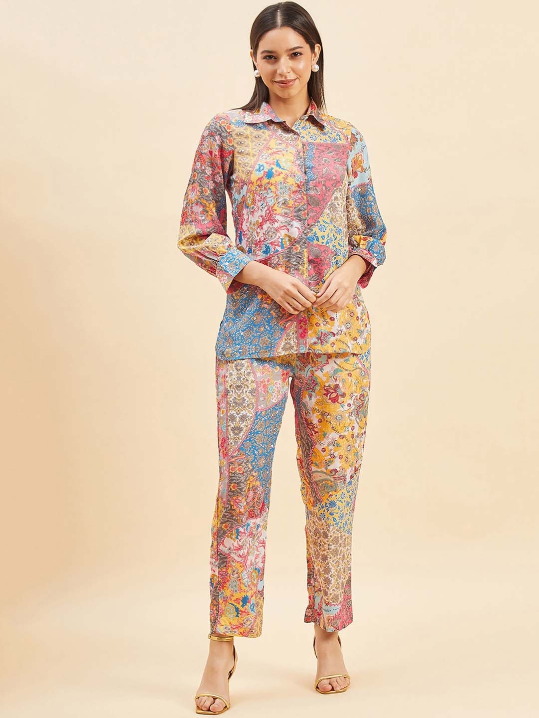 PANIT Printed Shirt Collar Shirt With Trouser, Pink