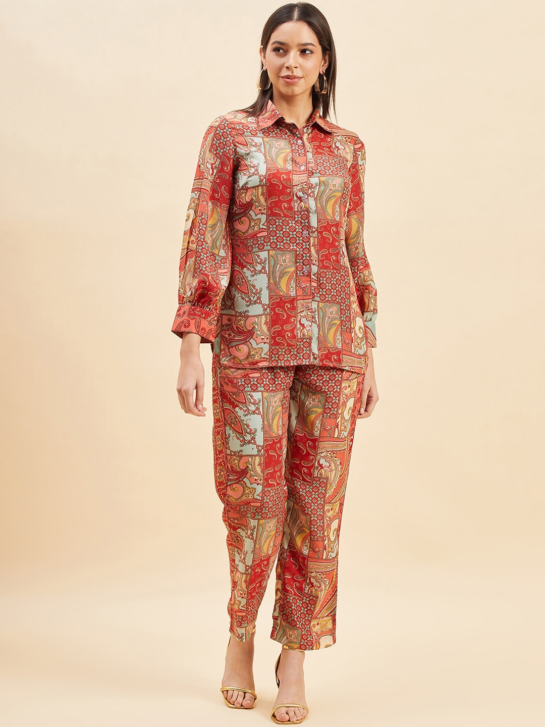 

PANIT Printed Shirt Collar Shirt With Trouser, Coral