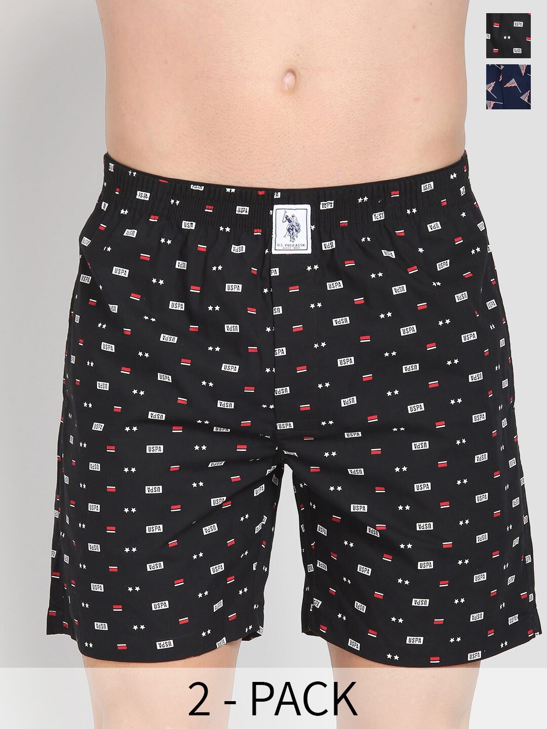 

U.S. Polo Assn. Pack Of 2 Printed Pure Cotton Boxers 22596662-1-26077954-1, Black