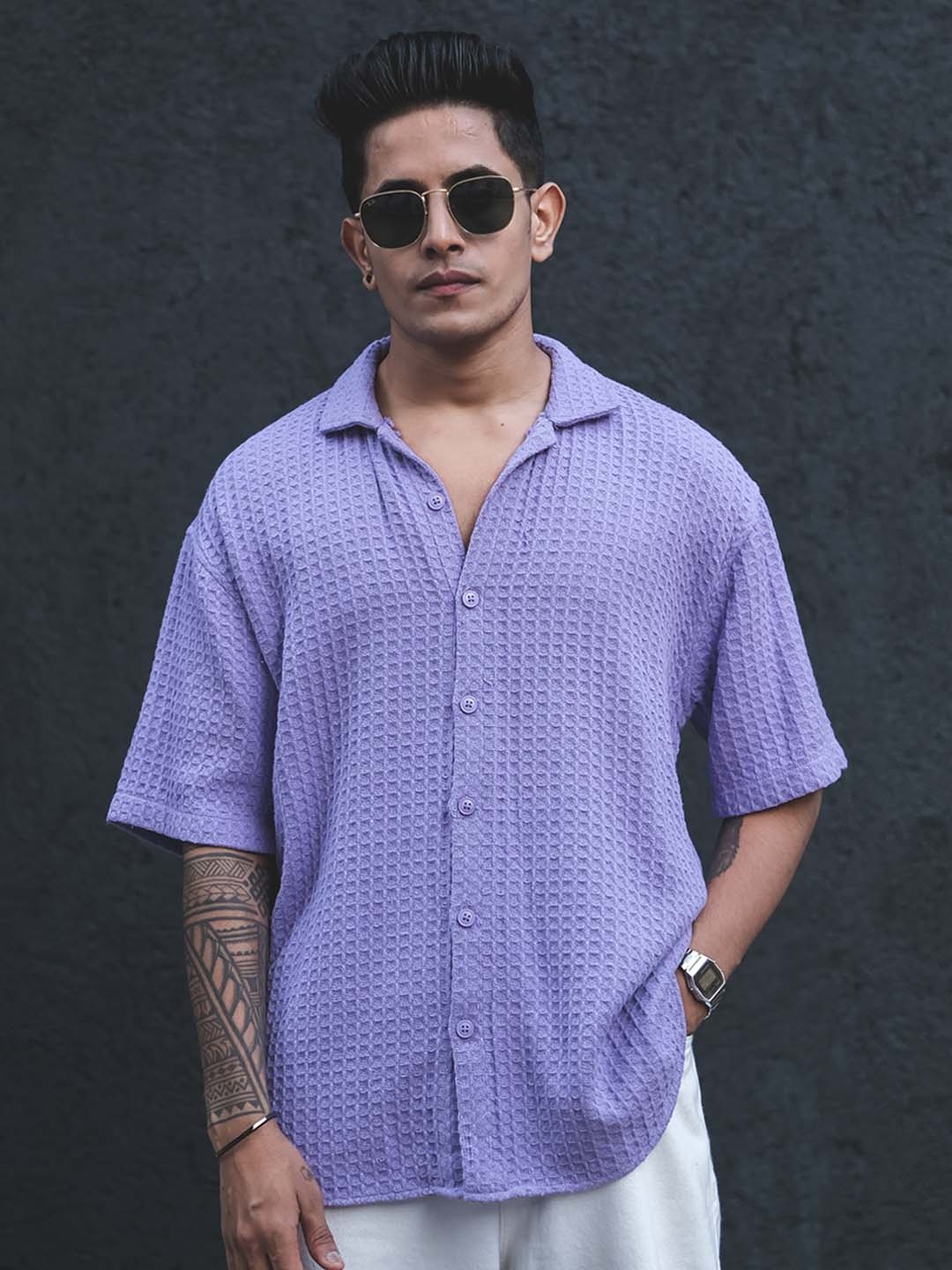 

Powerlook Spread Collar Opaque Checked Cotton Casual Shirt, Lavender