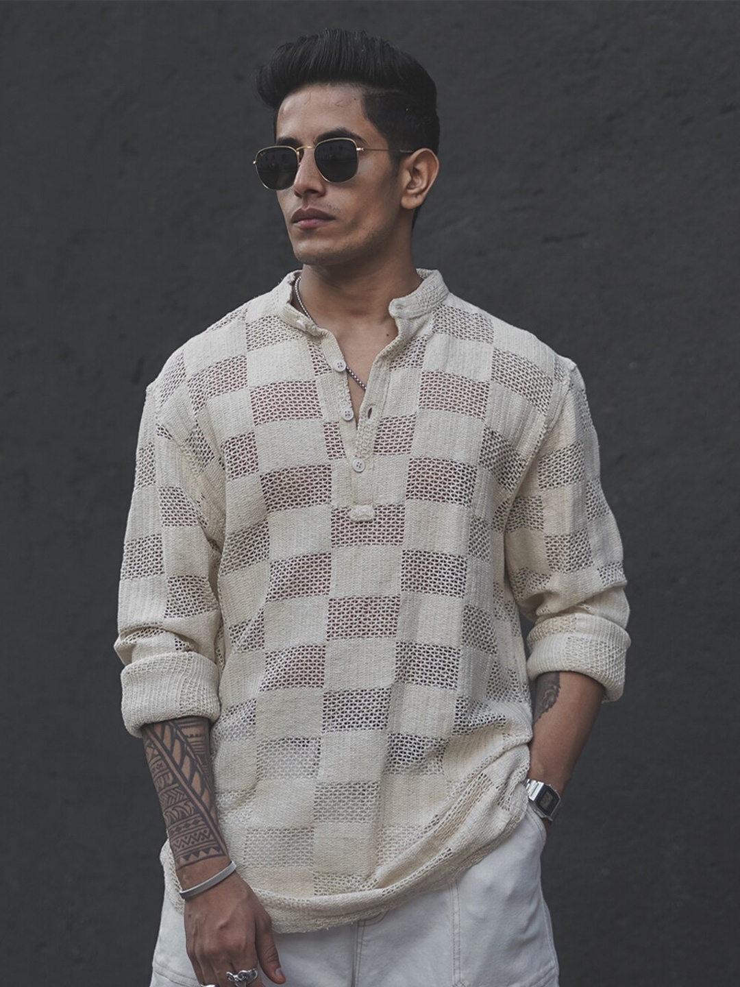 

Powerlook Mandarin Collar Semi Sheer Checked Cotton Casual Shirt, Cream