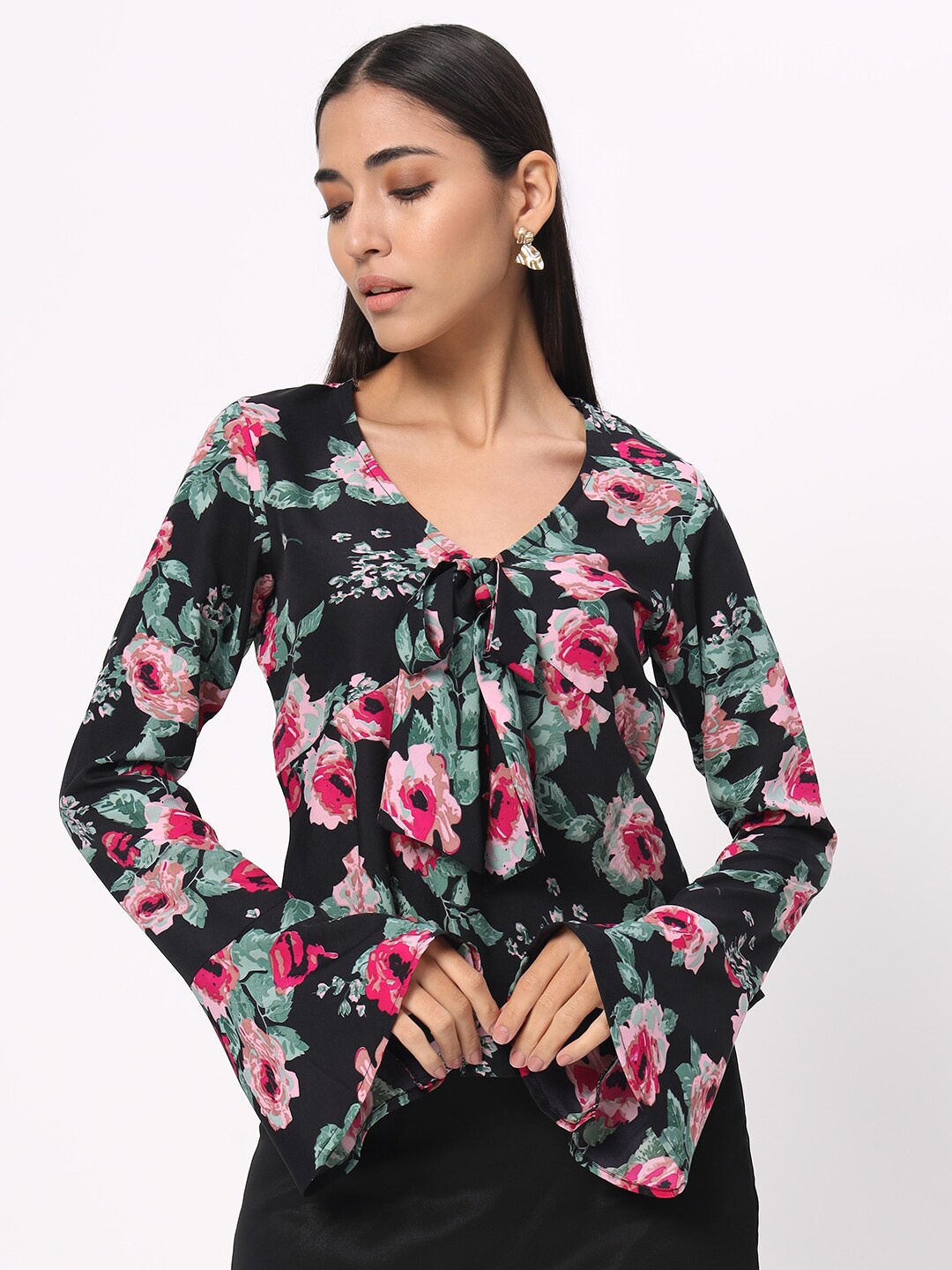 

DEPANO Floral Print Crepe V-Neck Bell Sleeve Tie-Ups Opaque Casual Top, Black