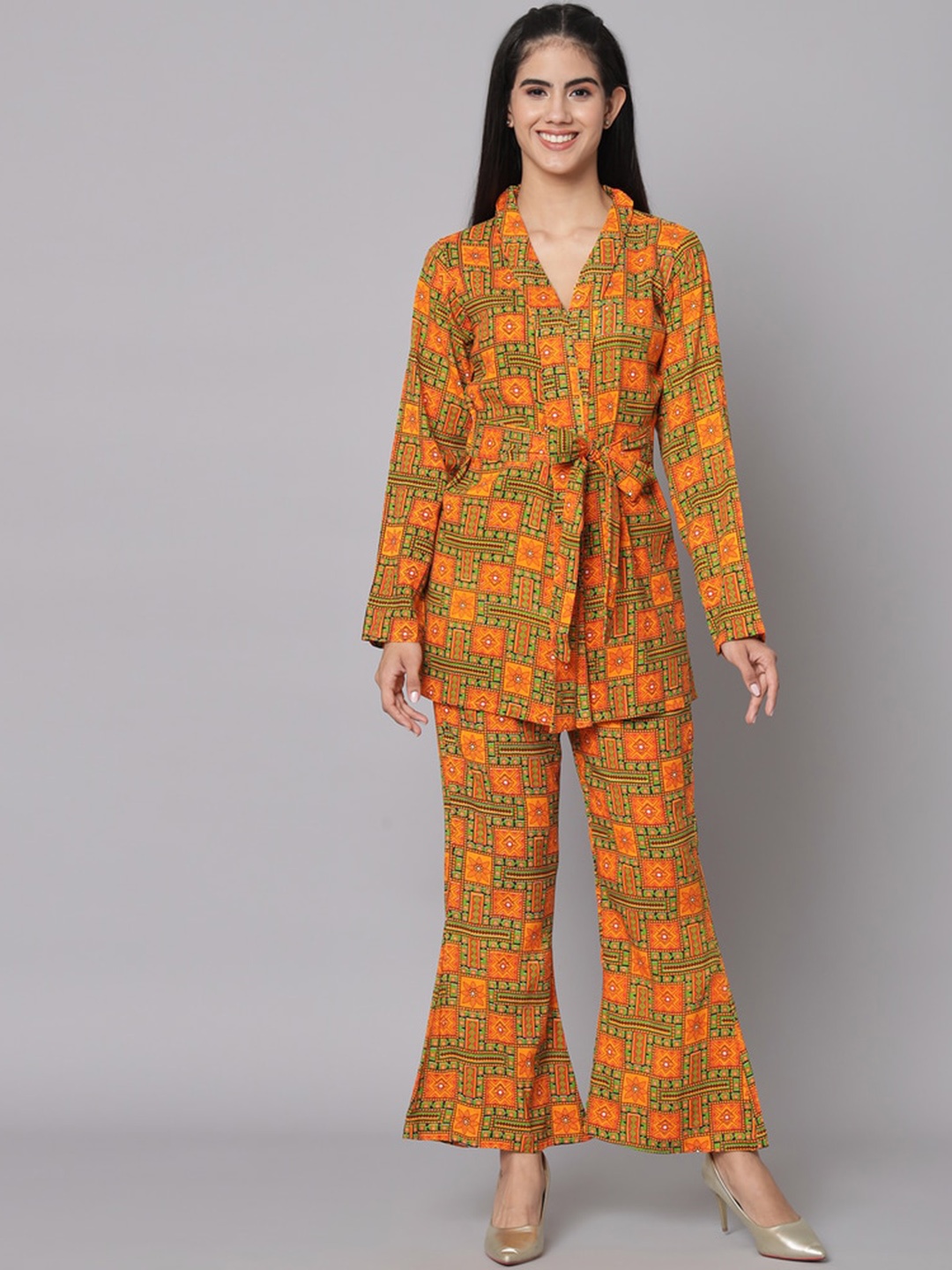 

Meeranshi Printed Shawl Neck Top With Trouser, Orange