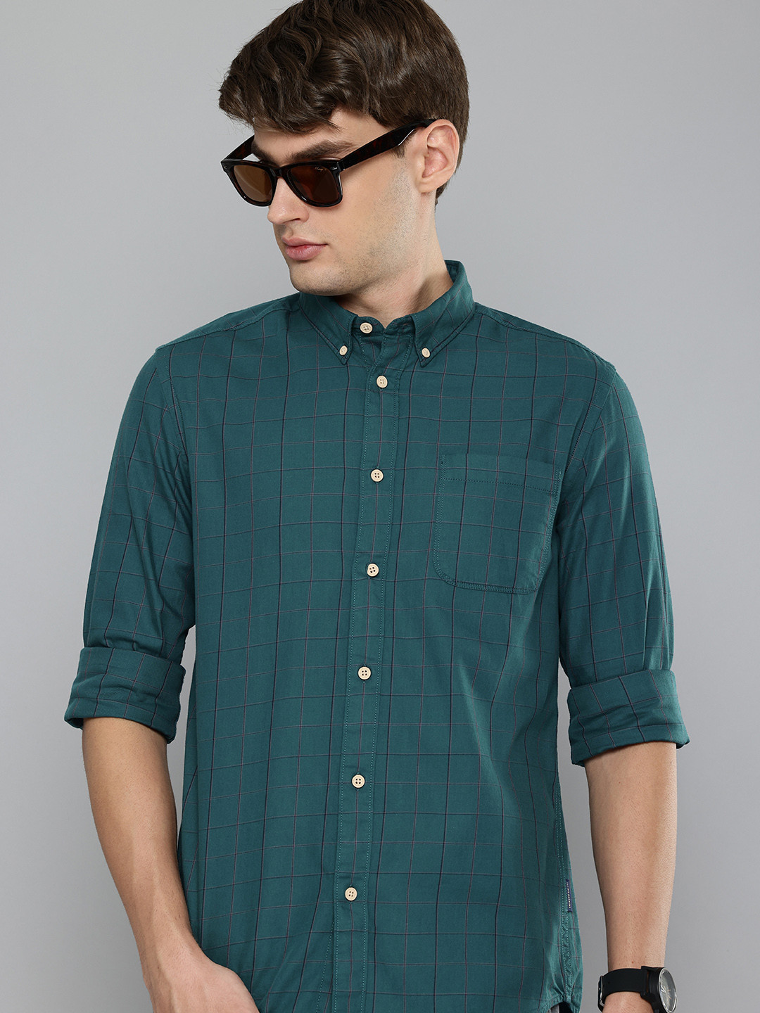 

Flying Machine Men Slim Fit Grid Tattersall Checks Pure Cotton Casual Shirt, Teal