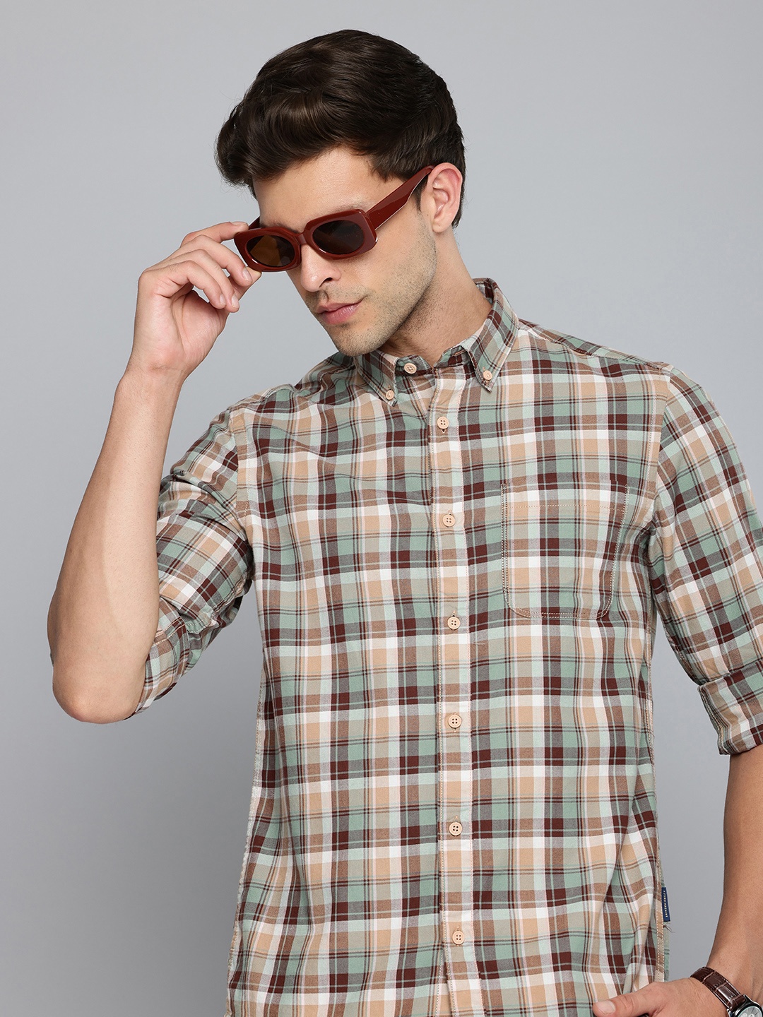 

Flying Machine Pure Cotton Slim Fit Checked Casual Shirt, Brown