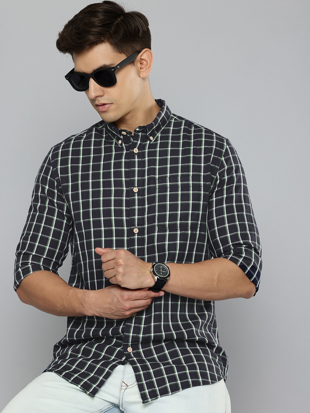 

Flying Machine Men Slim Fit Grid Tattersall Checks Pure Cotton Casual Shirt, Navy blue