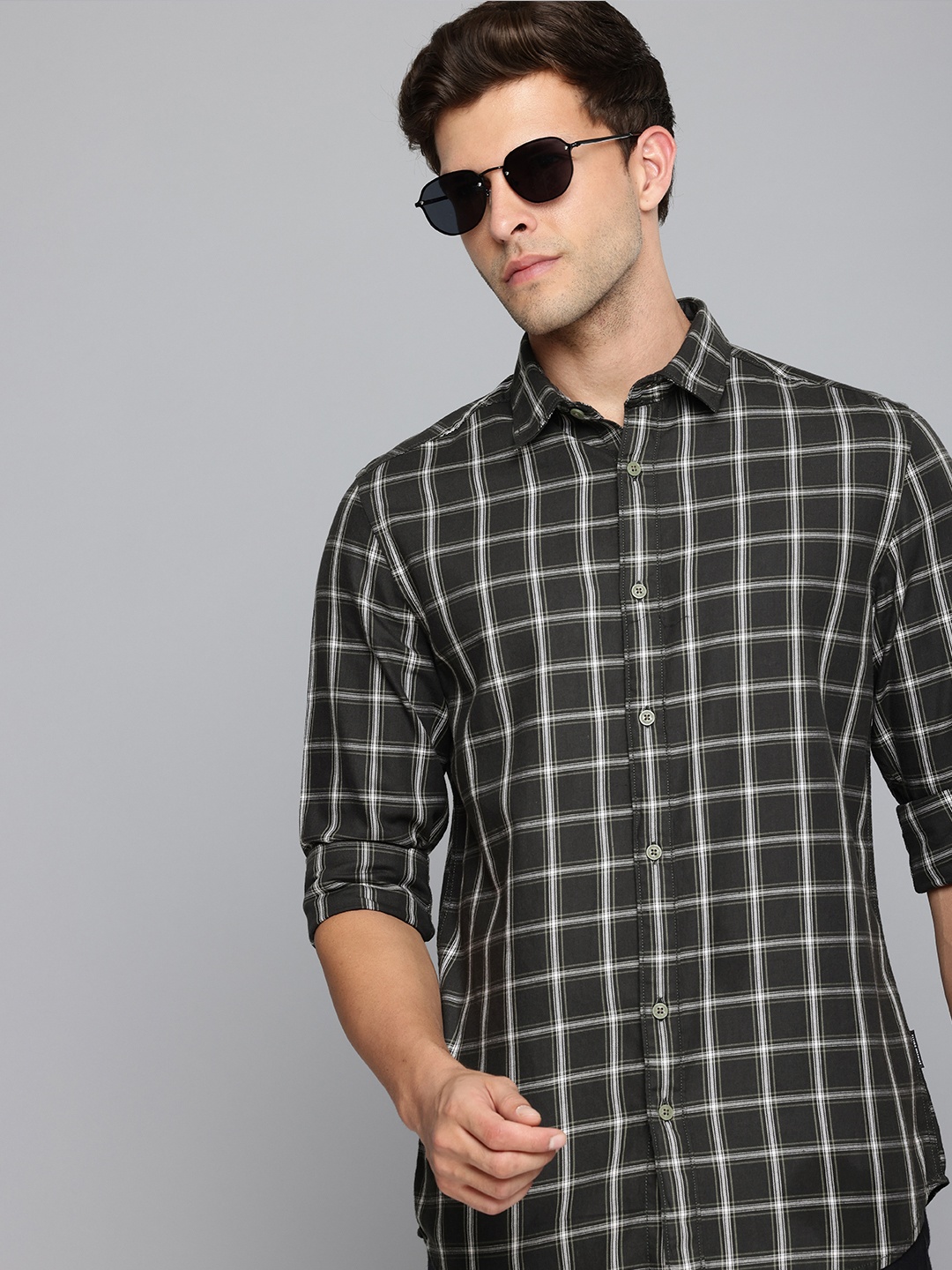 

Flying Machine Pure Cotton Slim Fit Checked Casual Shirt, Green