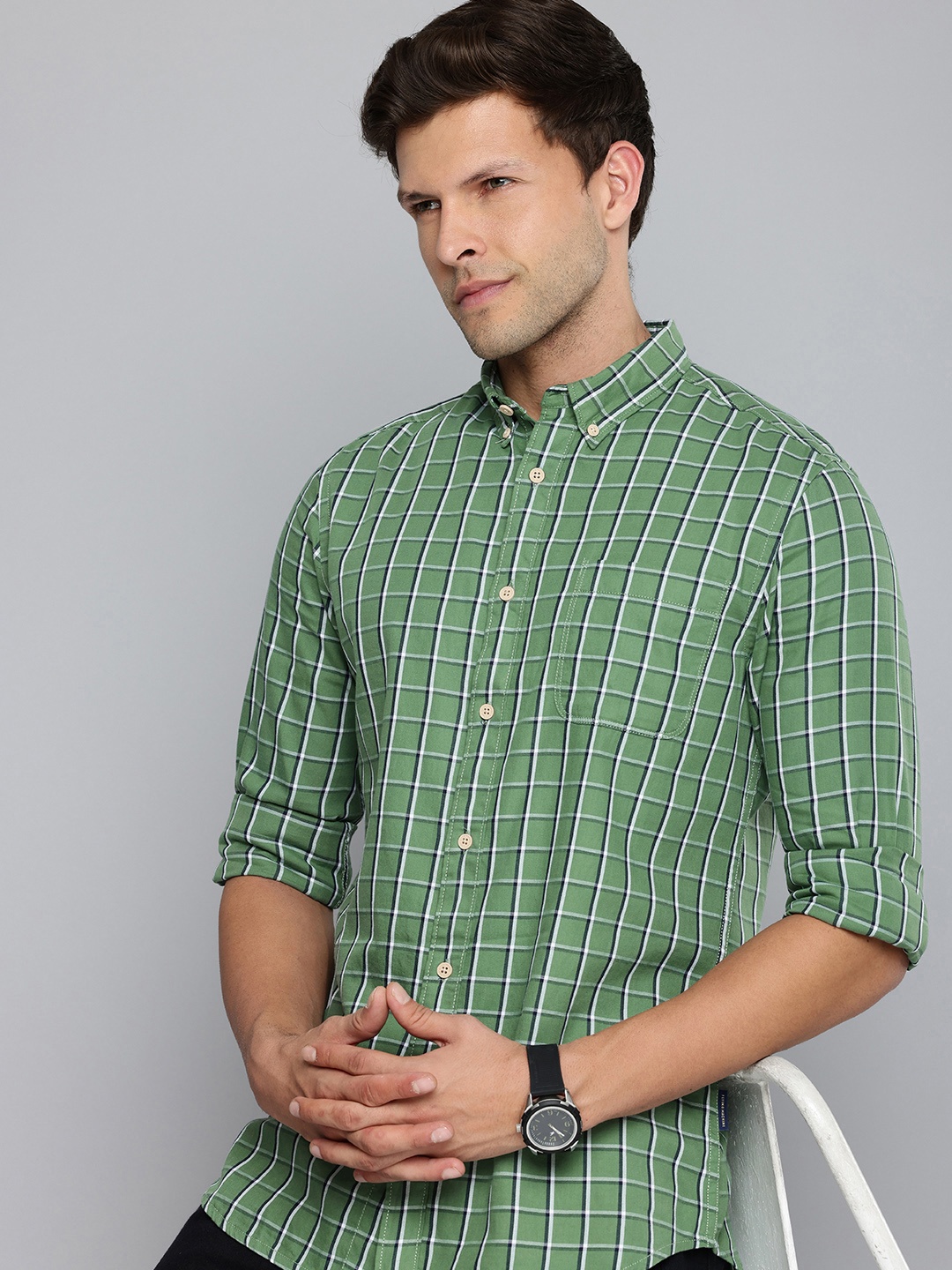 

Flying Machine Pure Cotton Slim Fit Checked Casual Shirt, Olive