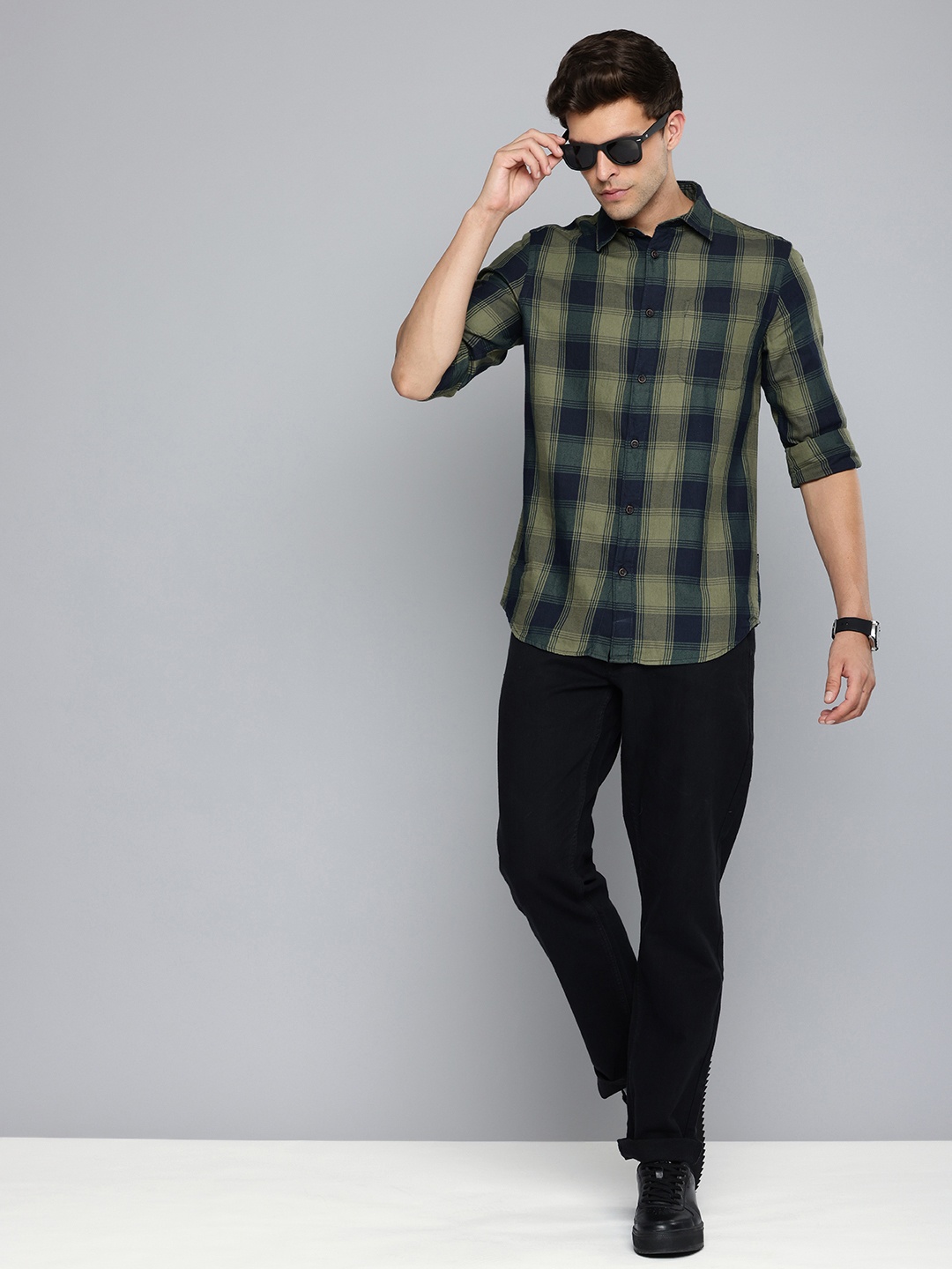 

Flying Machine Pure Cotton Checked Casual Shirt, Olive