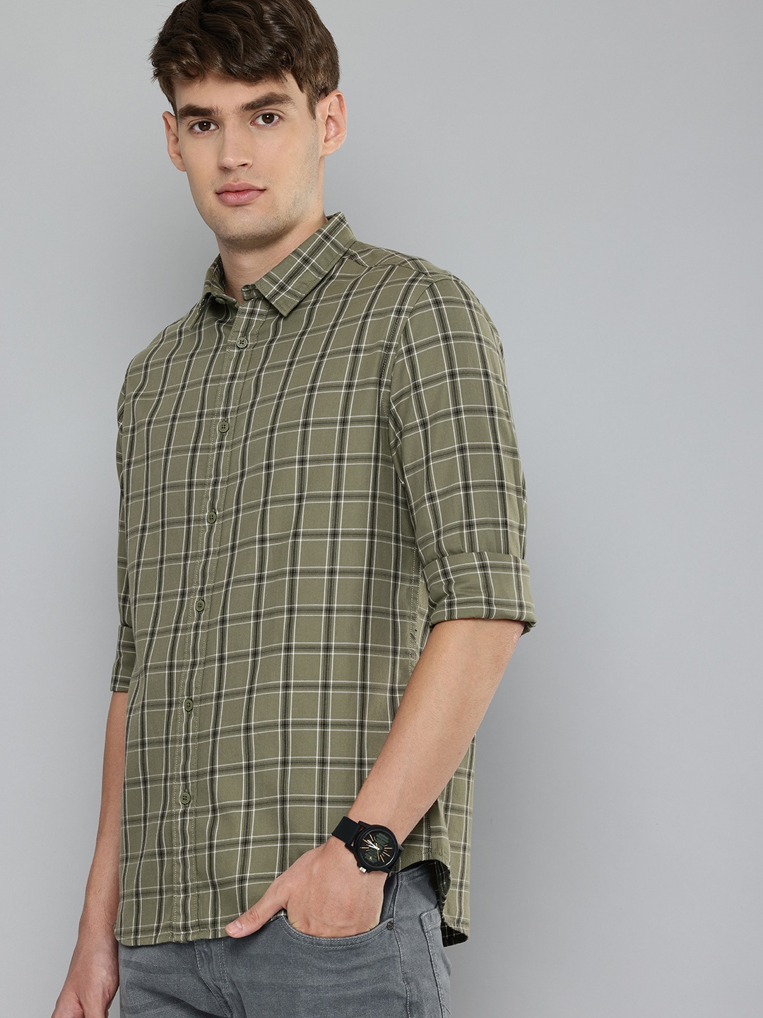 

Flying Machine Men Slim Fit Tartan Checks Pure Cotton Casual Shirt, Olive