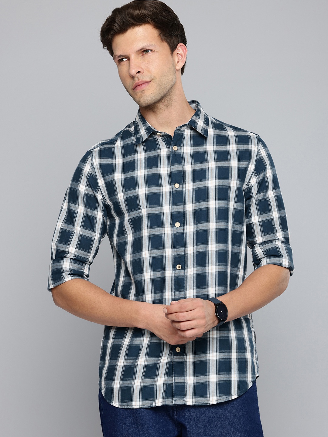 

Flying Machine Pure Cotton Slim Fit Checked Casual Shirt, Navy blue