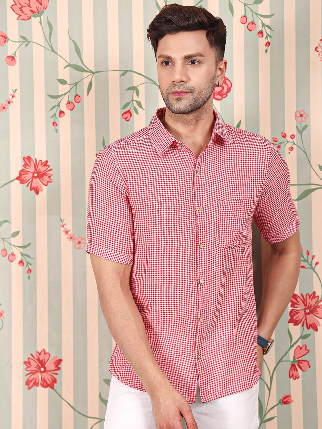 

Ode by House of Pataudi Comfort Opaque Striped Cotton Casual Shirt, Red