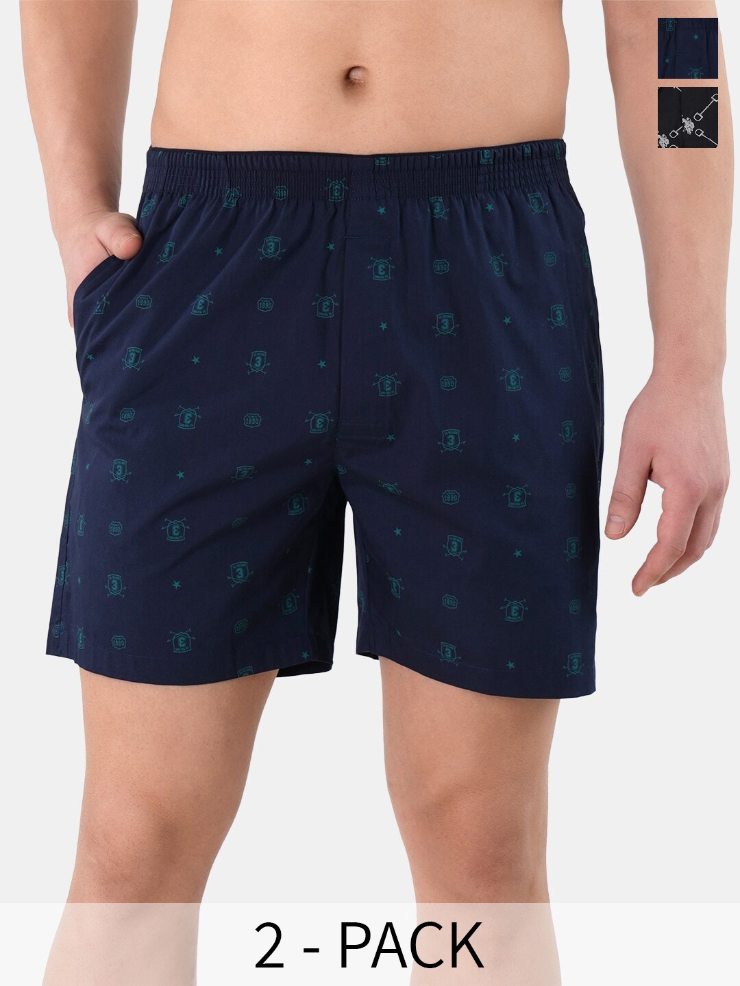 

U.S. Polo Assn. Pack Of 2 Printed Pure Cotton Boxers 22596650-1-22596652-1, Navy blue