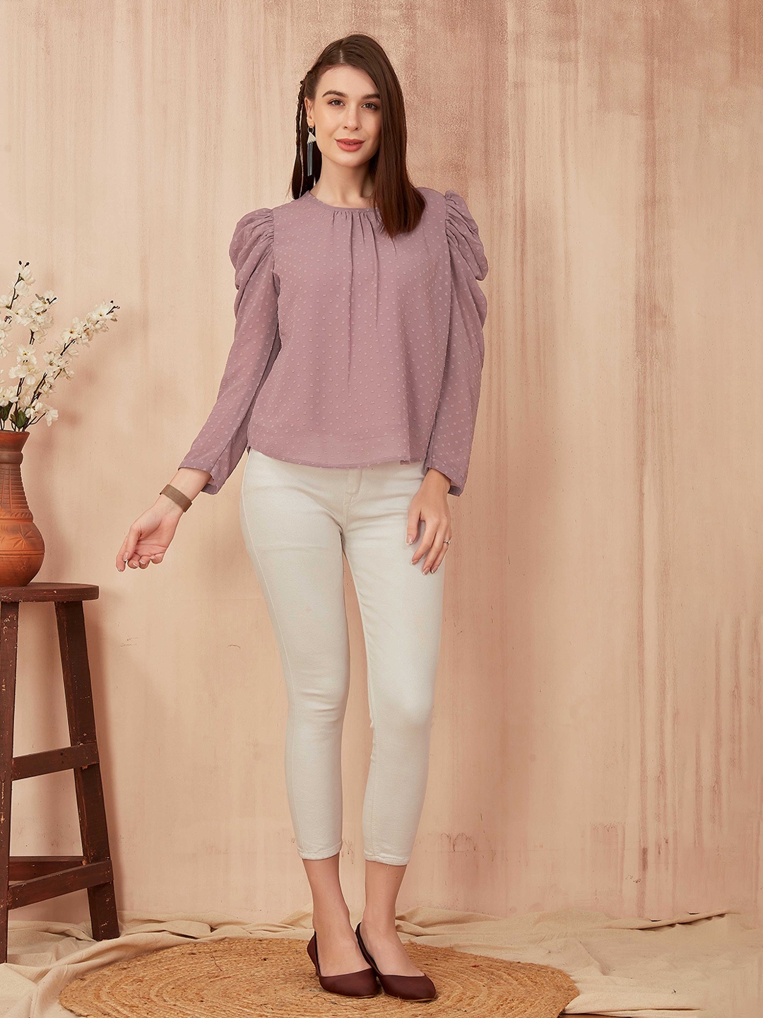 

PSBT Quality on way Self Design Puff Sleeves Georgette Top, Rose