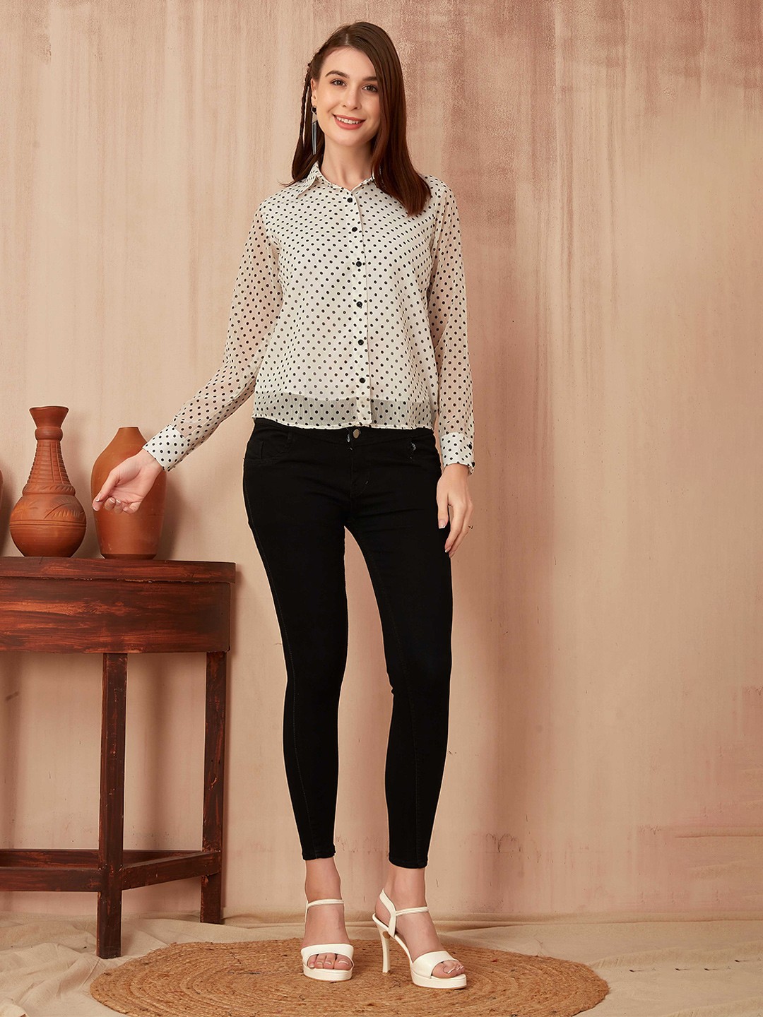 

PSBT Quality on way Geometric Print Shirt Collar Cuffed Sleeves Chiffon Top, White