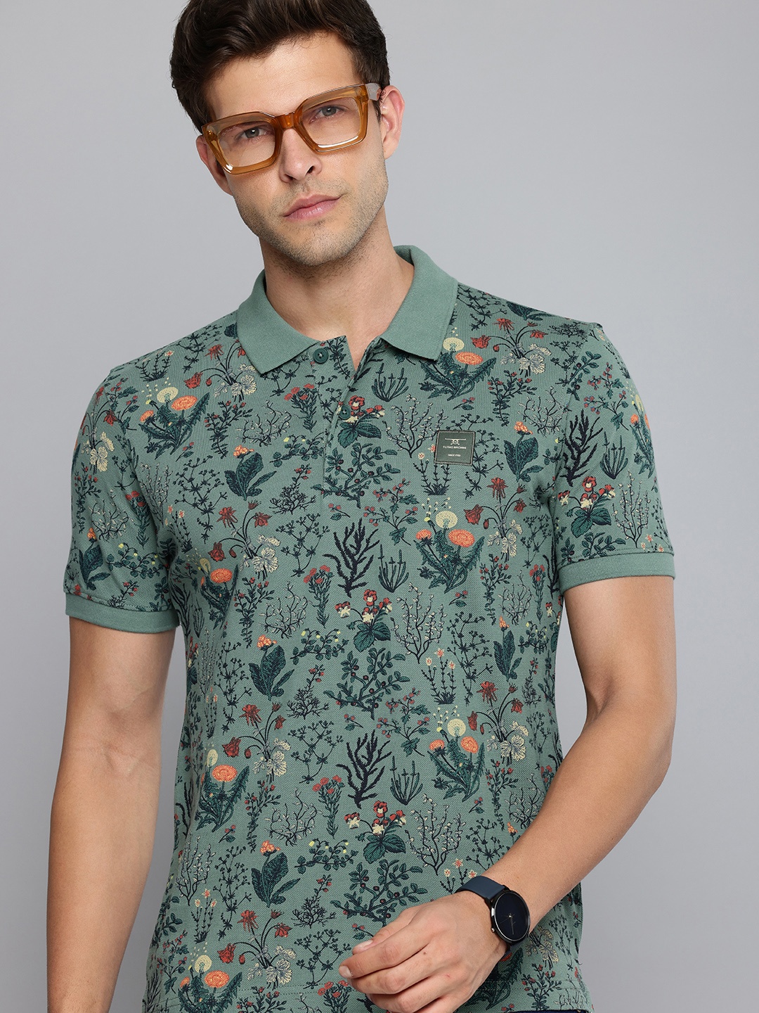 

Flying Machine Floral Printed Polo Collar Pure Cotton T-shirt, Green