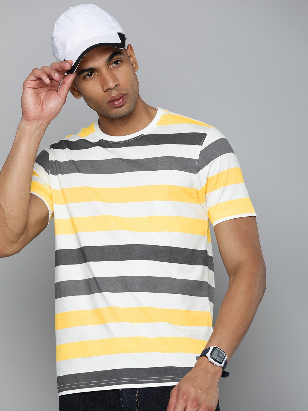 

Flying Machine Striped Pure Cotton T-shirt, Yellow