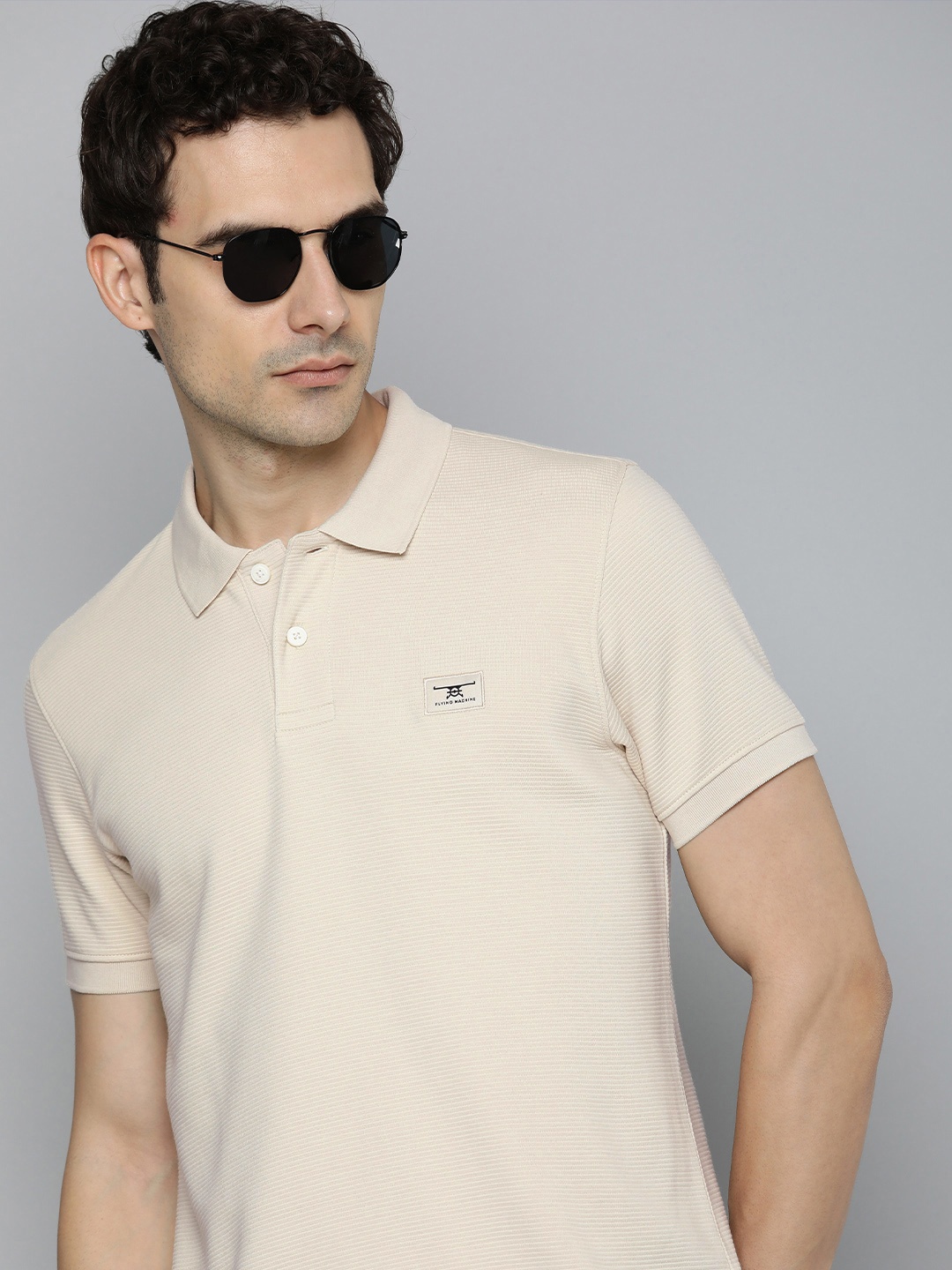 

Flying Machine Self Striped Polo Collar Casual T-shirt, Beige