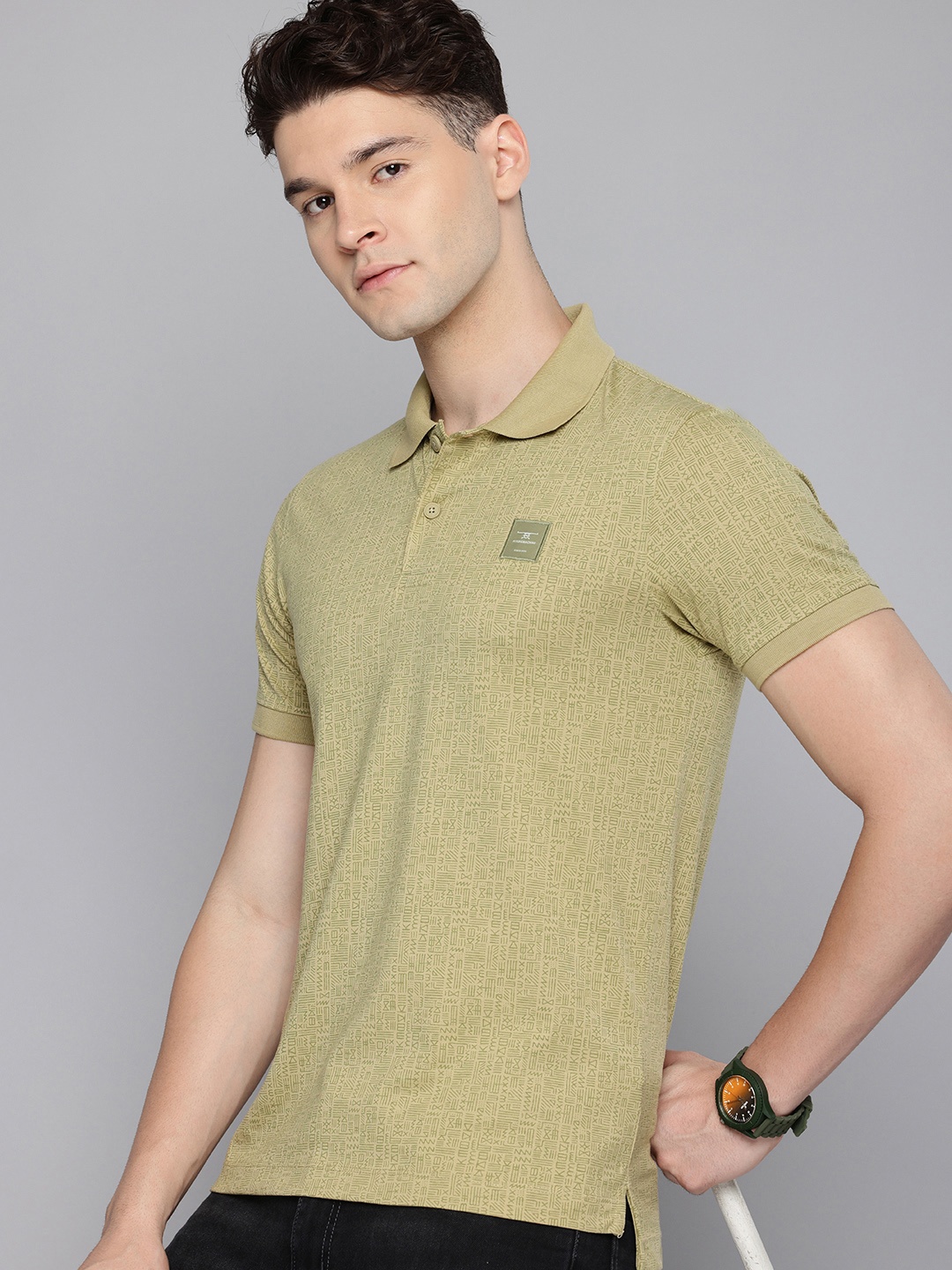 

Flying Machine Geometric Printed Polo Collar T-shirt, Olive
