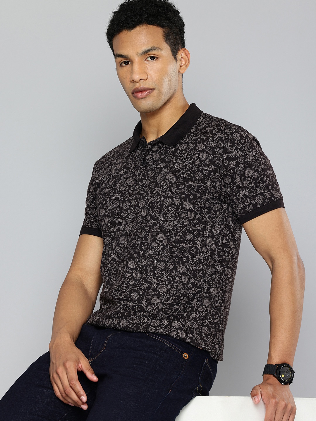 

Flying Machine Floral Printed Polo Collar T-shirt, Black