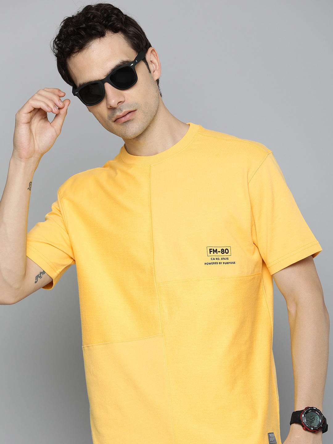 

Flying Machine Drop-Shoulder Sleeves Pure Cotton Oversized T-shirt, Yellow