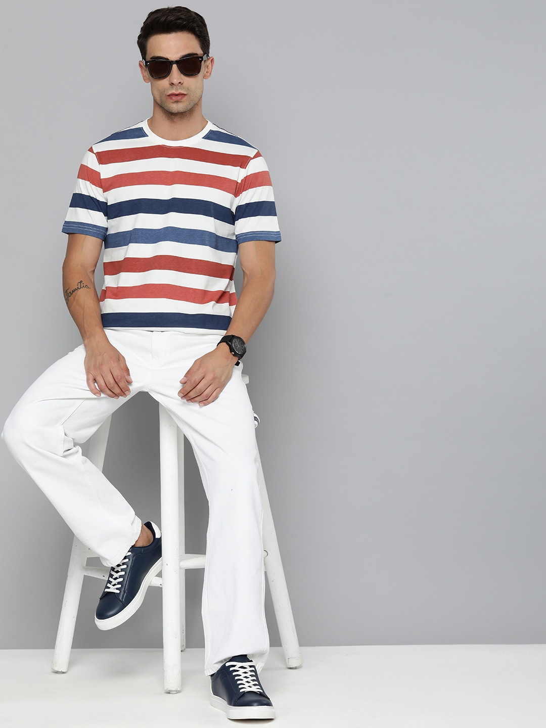 

Flying Machine Pure Cotton Striped Casual T-shirt, White