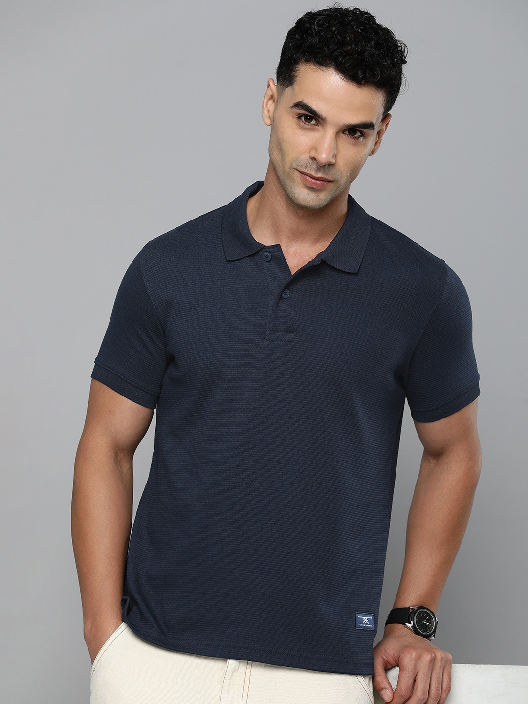 

Flying Machine Striped Ribbed Polo Collar T-shirt, Navy blue