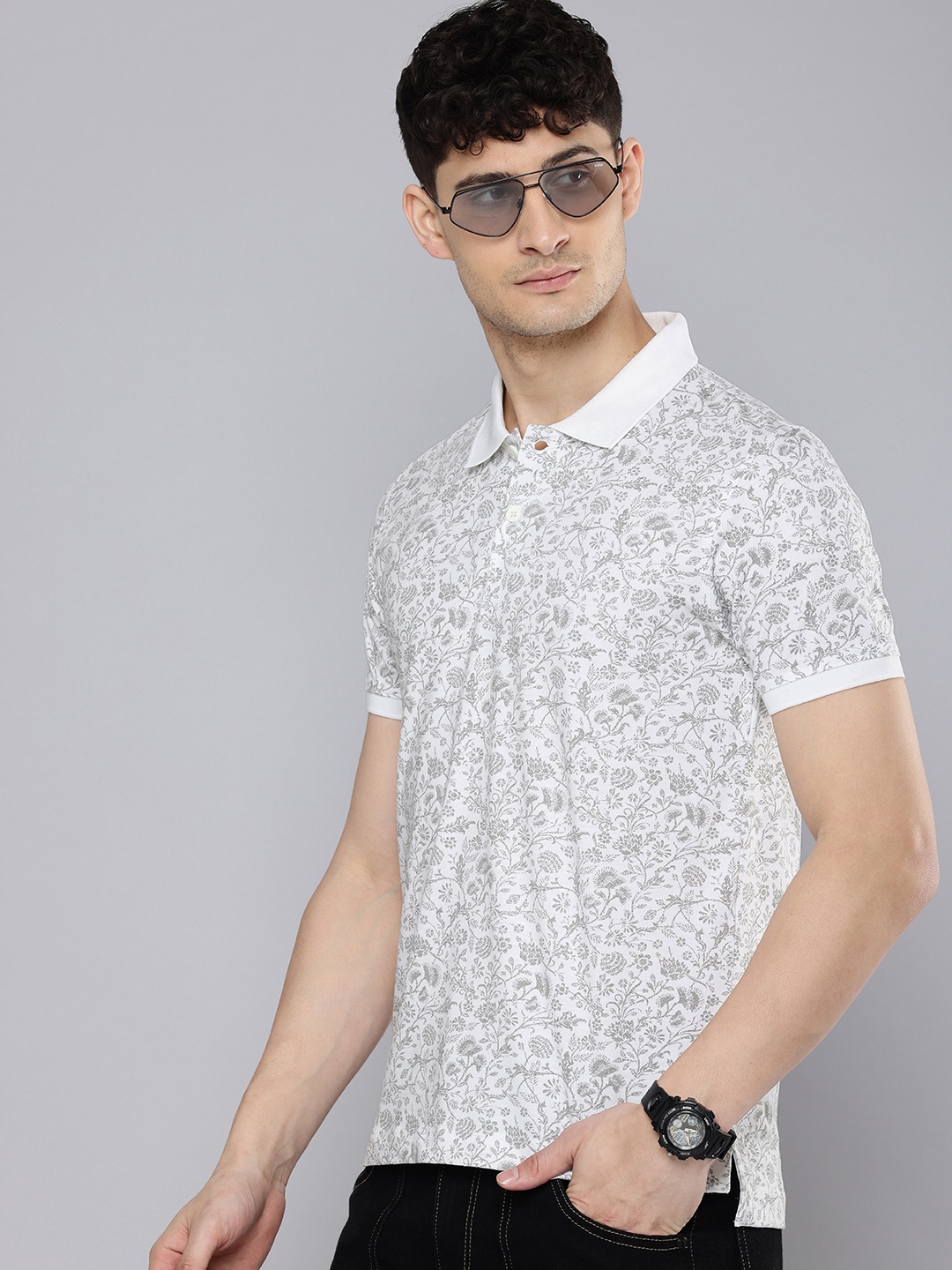 

Flying Machine Floral Printed Polo Collar T-shirt, White
