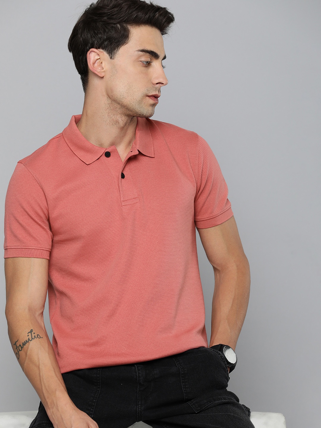 

Flying Machine Striped Ribbed Polo Collar T-shirt, Rose