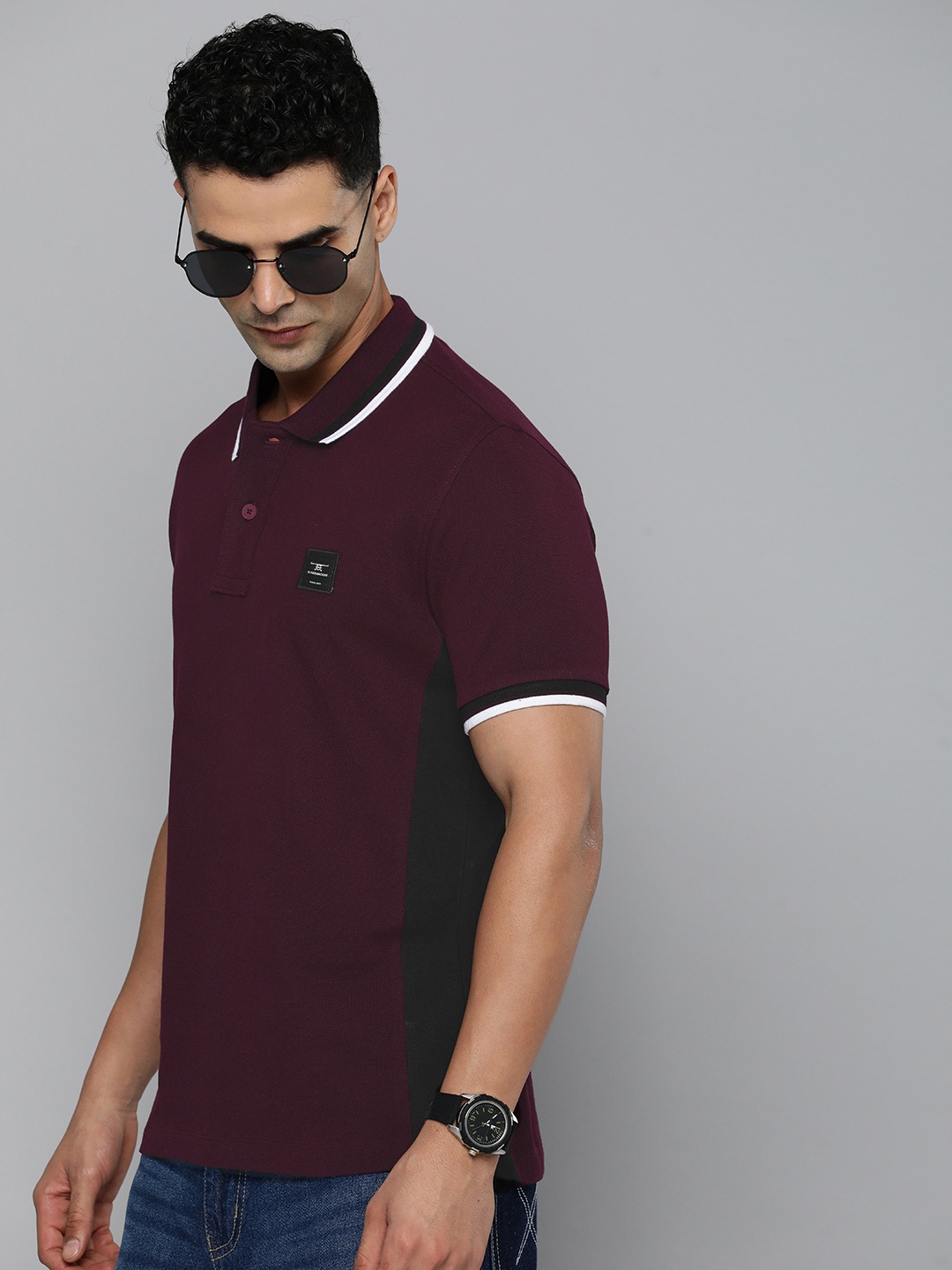 

Flying Machine Colourblocked Polo Collar Pure Cotton T-shirt, Maroon