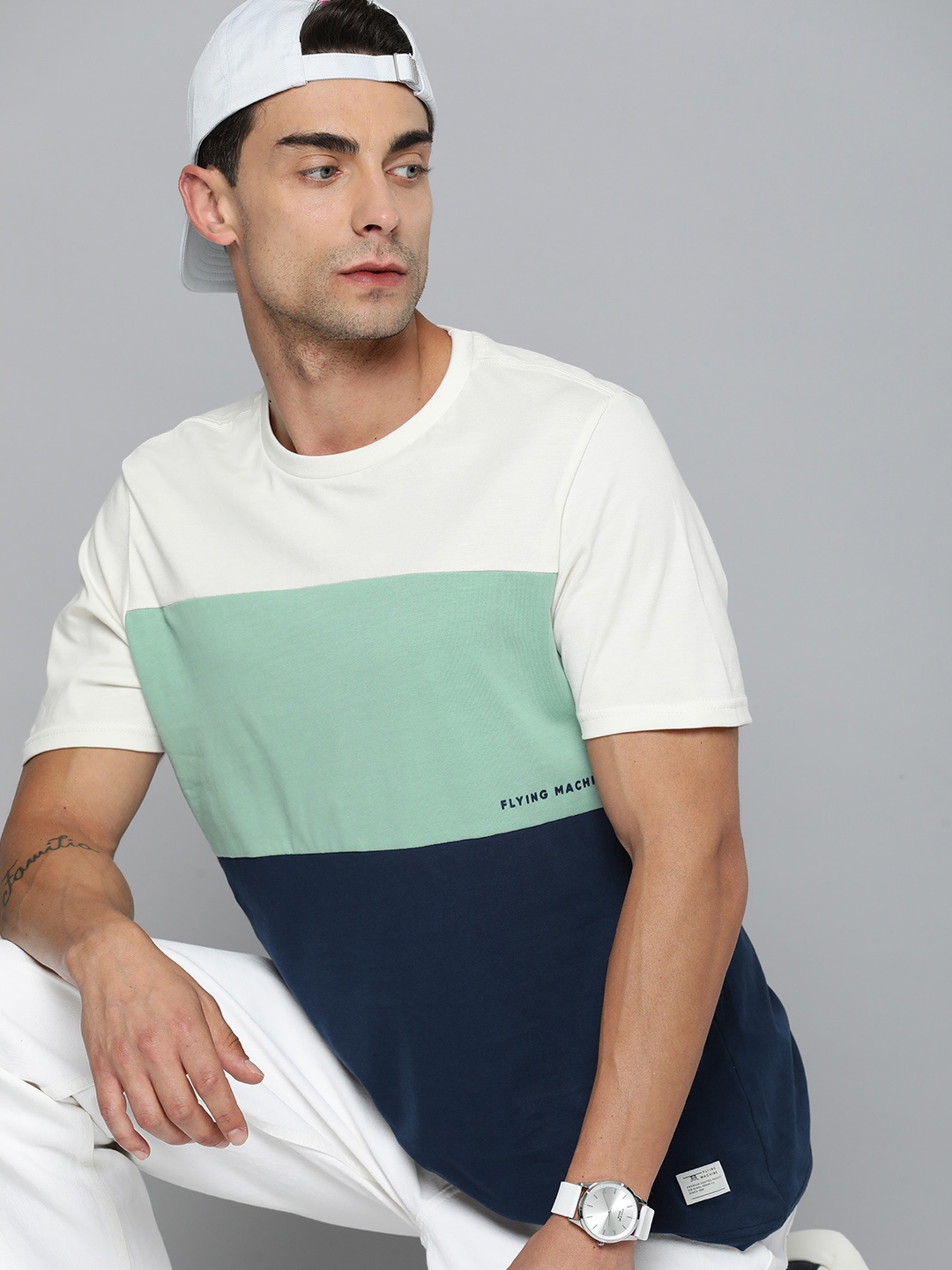 

Flying Machine Pure Cotton Colourblocked Casual T-shirt, Off white