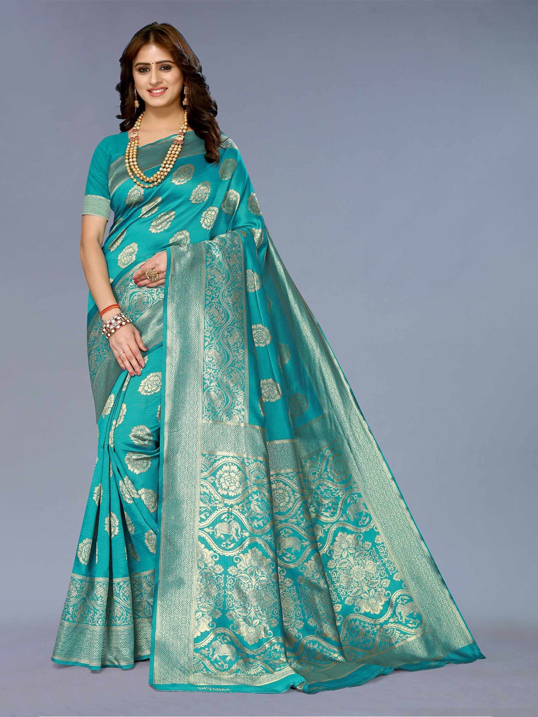 

AADVIKA Floral Woven Design Zari Banarasi Saree, Teal