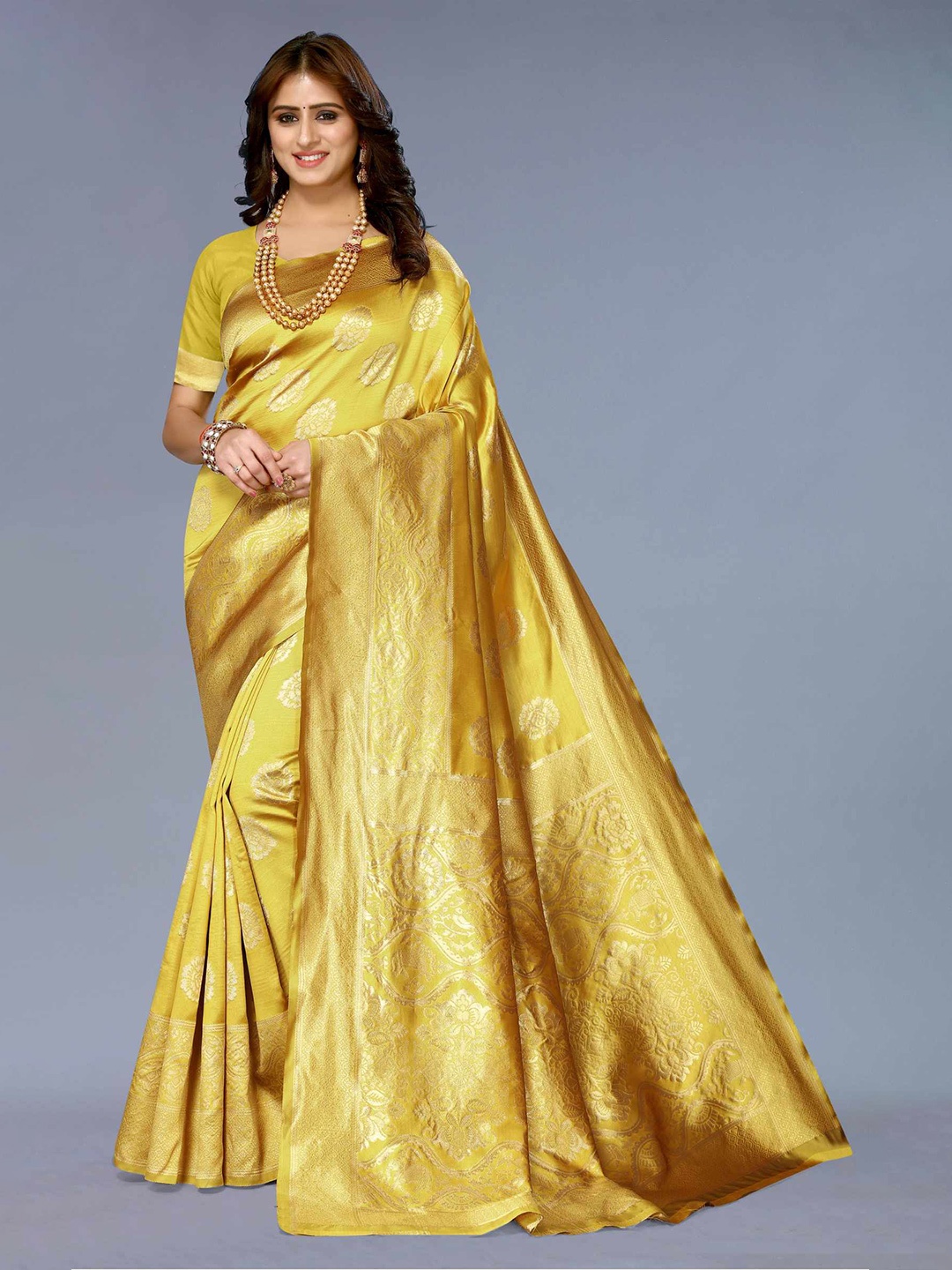 

AADVIKA Floral Woven Design Zari Banarasi Saree, Yellow