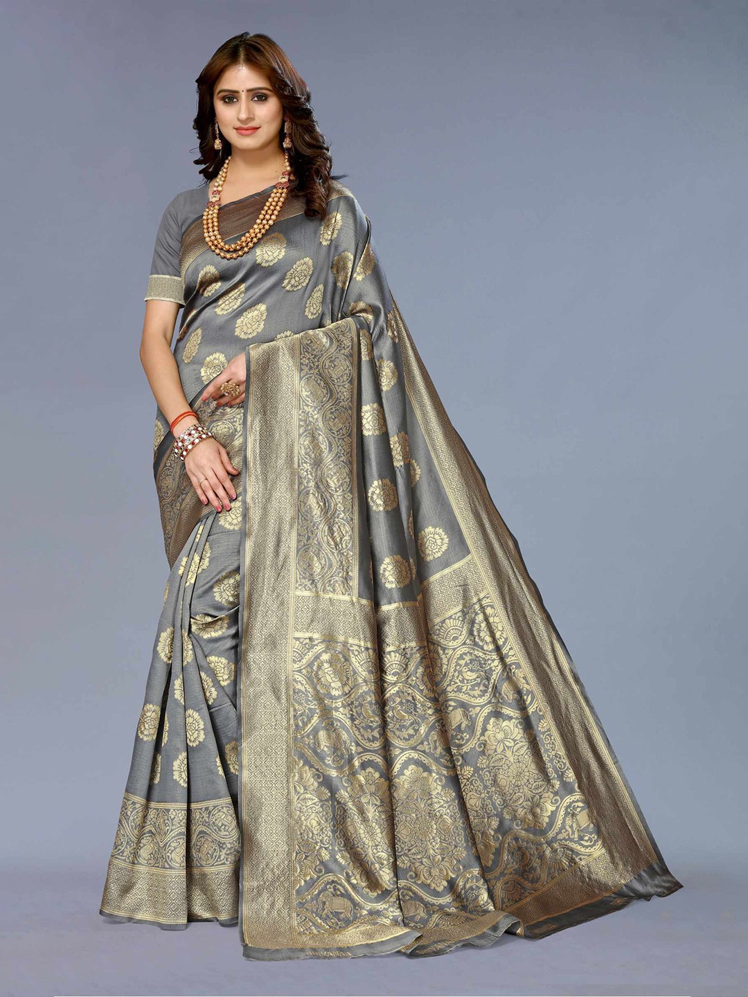 

AADVIKA Woven Design Zari Banarasi Saree, Grey