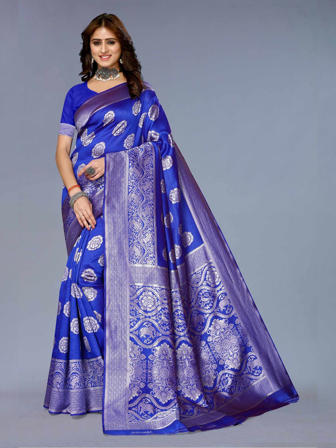 

AADVIKA Ethnic Motifs Woven Design Zari Silk Blend Banarasi Saree, Blue