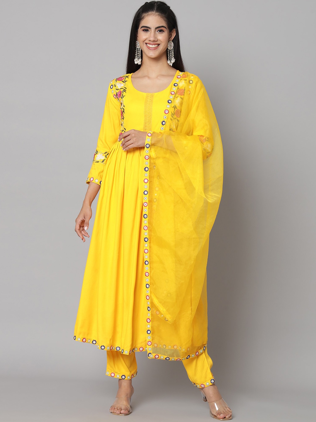 

Meeranshi Floral Embroidered Thread Work Anarkali Kurta With Trousers & Dupatta, Yellow