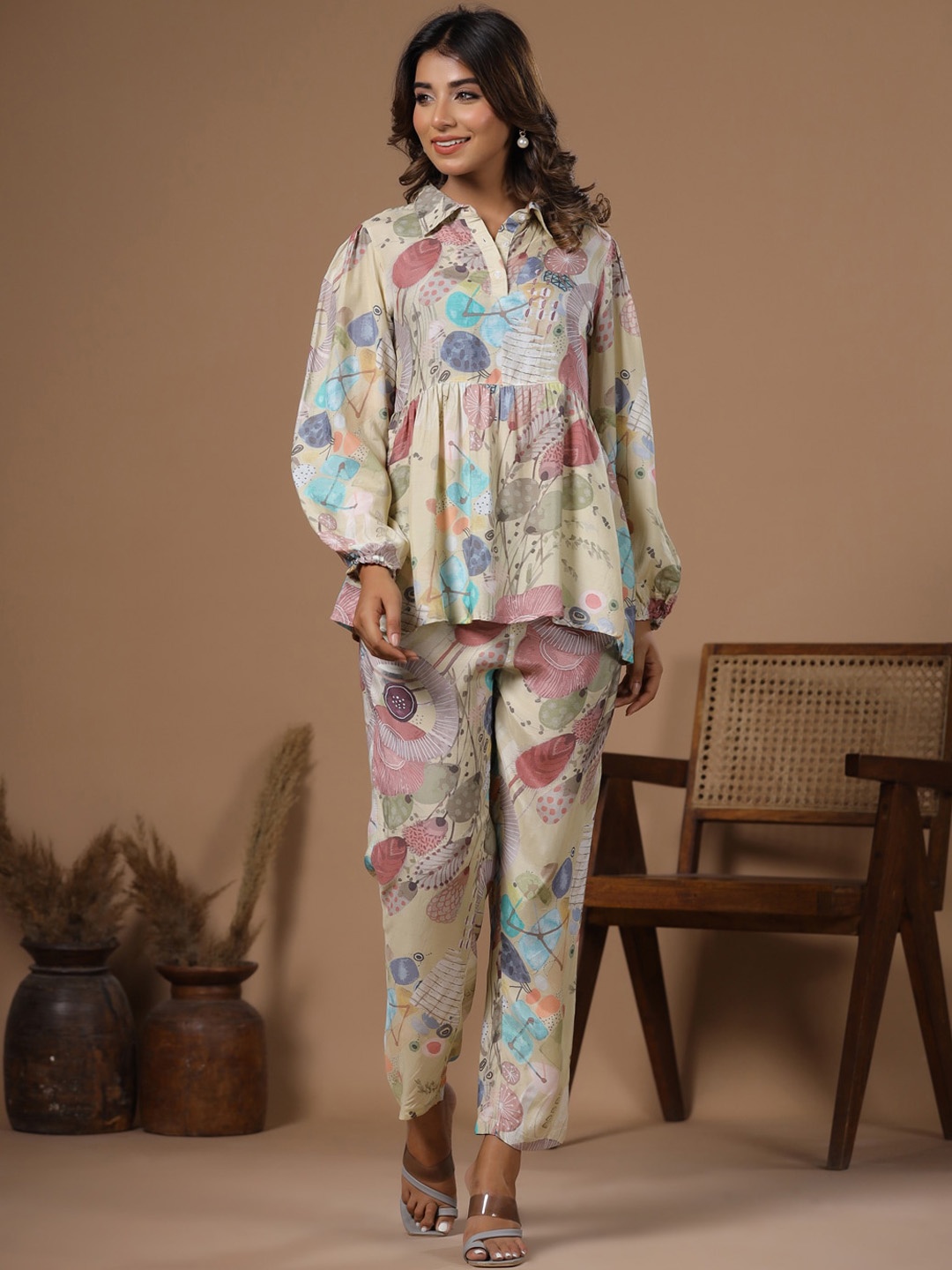

SANSKRUTIHOMES Yellow Printed Shirt Collar Long Sleeves Top & Trousers