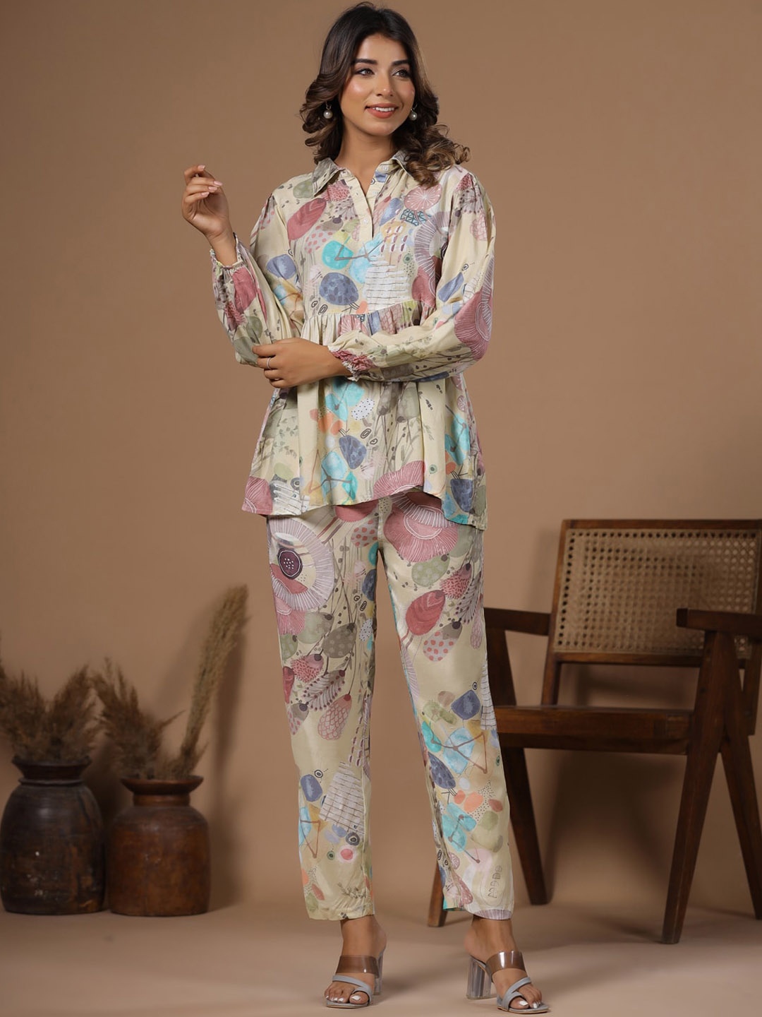 

RangDeep Printed Collar Neck Tunic & Trousers Co-Ords, Beige