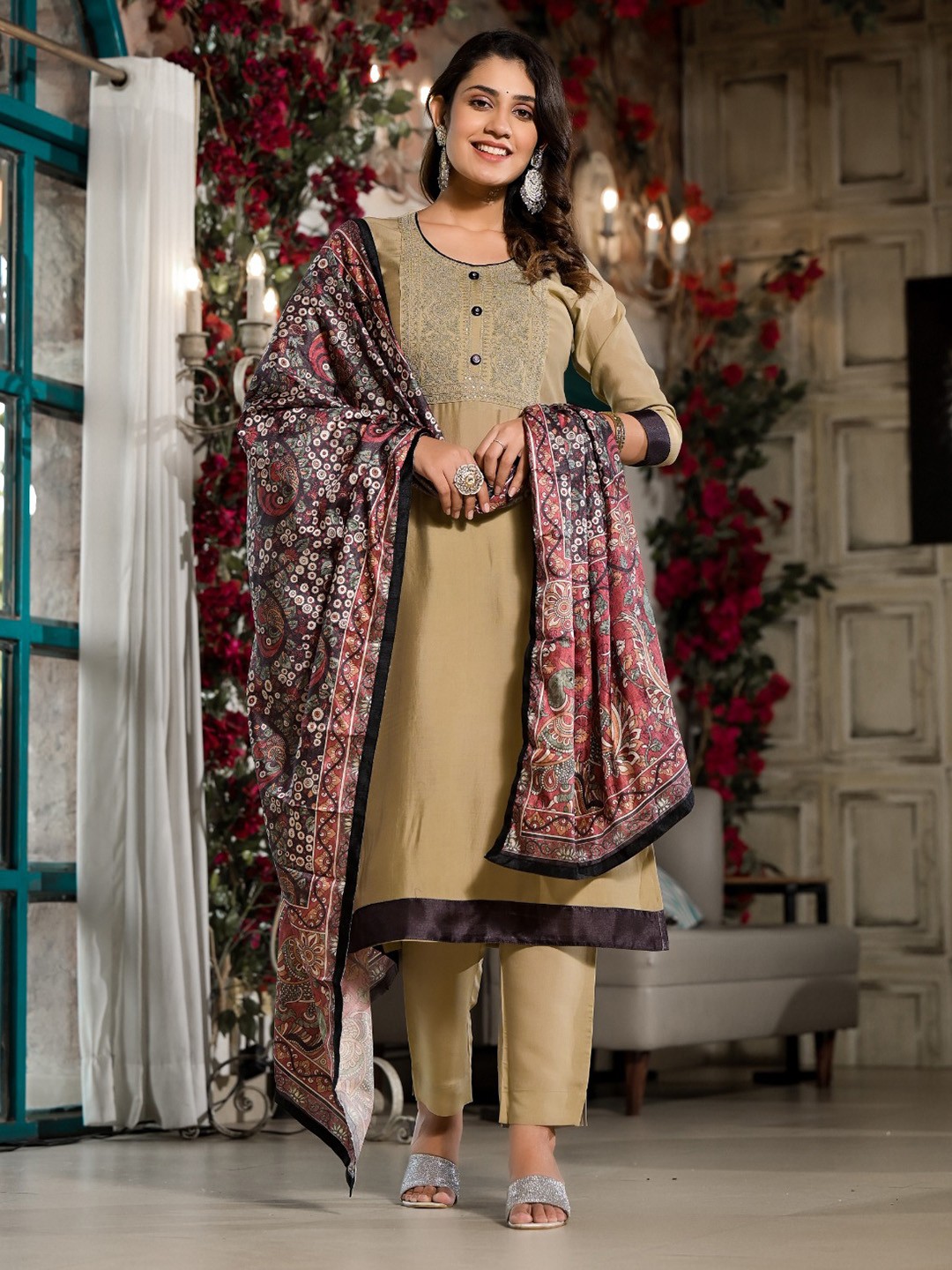 

Label Khoj Ethnic Motifs Embroidered Thread Work Kurta with Trousers & Dupatta, Beige