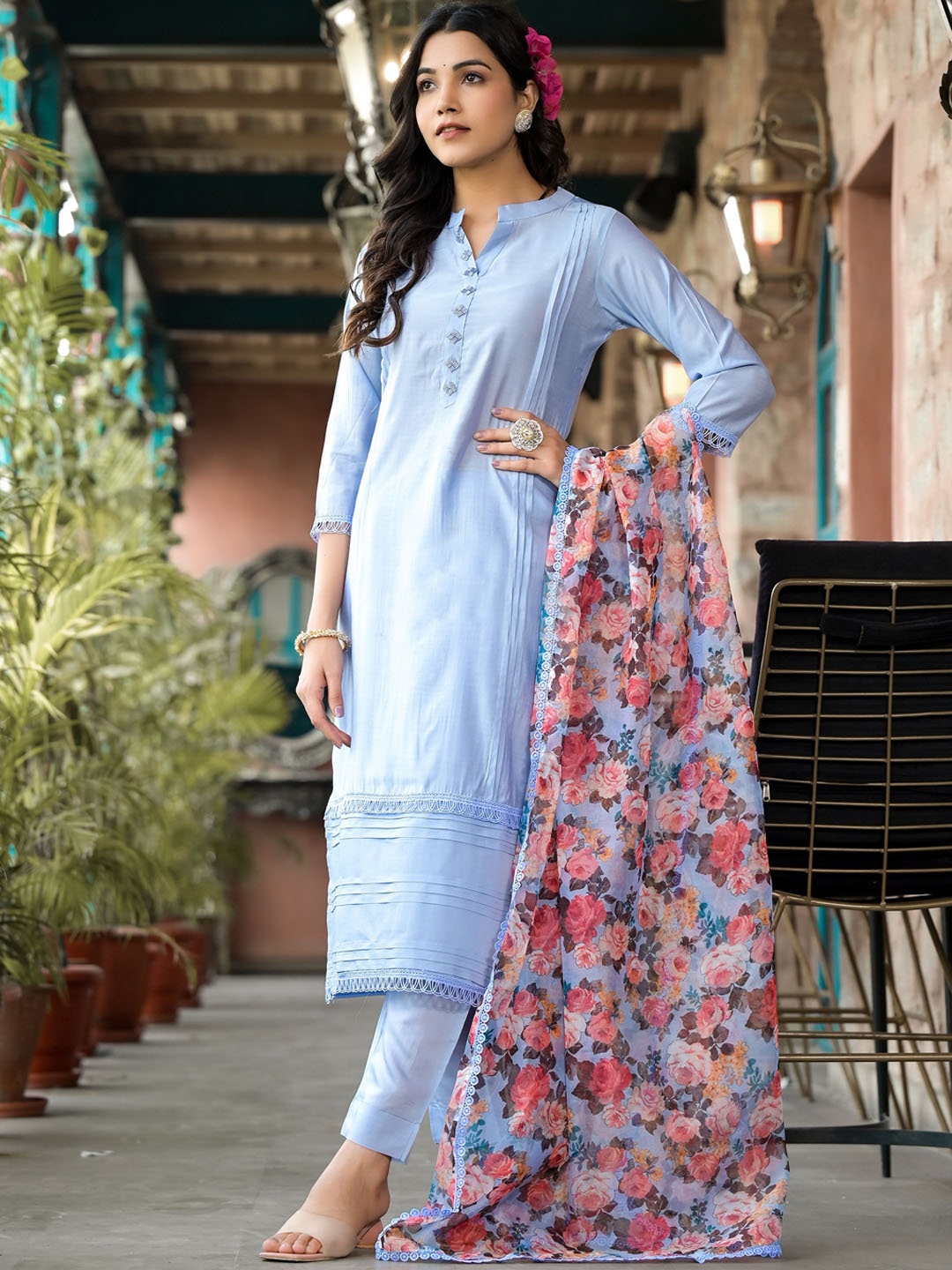

Label Khoj Mandarin Collar Straight Kurta with Trousers & With Dupatta, Purple