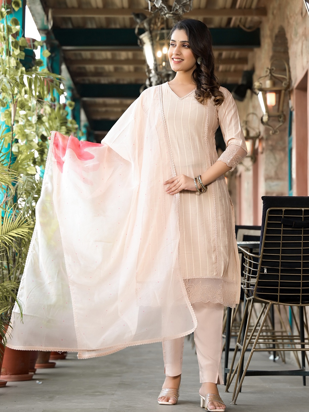

Label Khoj Striped Thread Work Kurta with Trousers & Dupatta, Beige