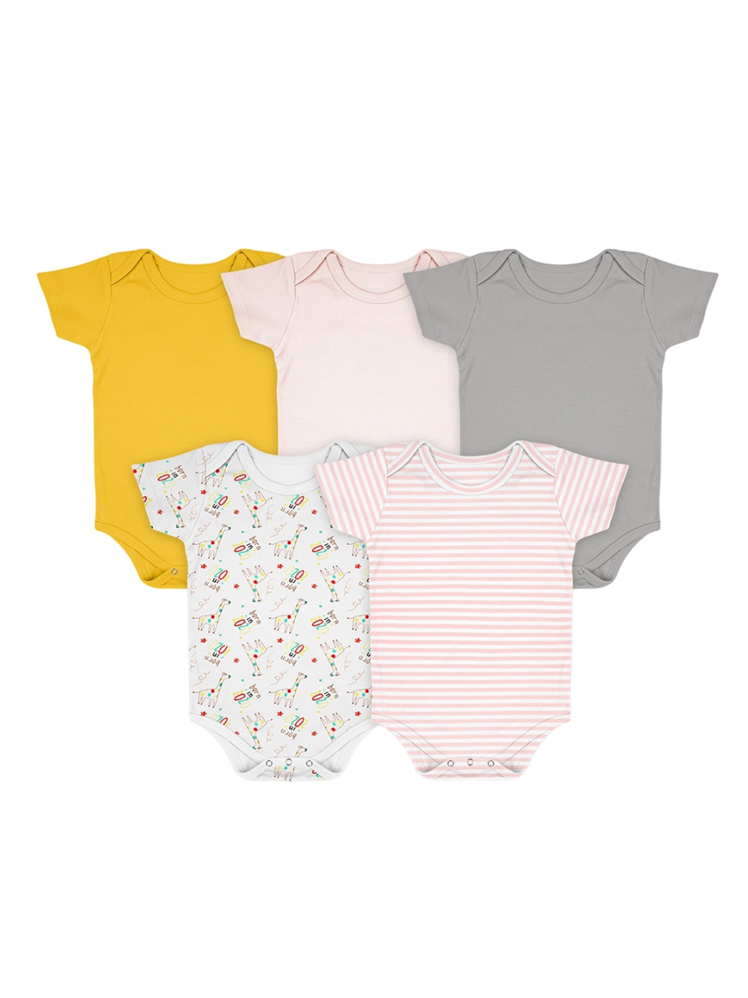

Moms Home Baby Onesie Infants Pack Of 5 Printed Pure Cotton Half Sleeve Bodysuit, Yellow