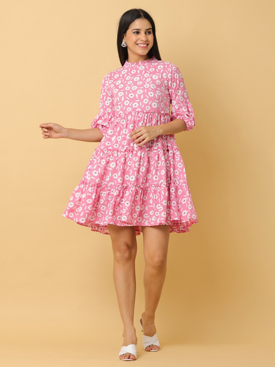 

KALINI Floral Print Crepe Fit & Flare Dress, Pink